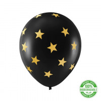 Juodi balionai su auksinėmis žvaigždėmis, 30cm, 100 vnt
