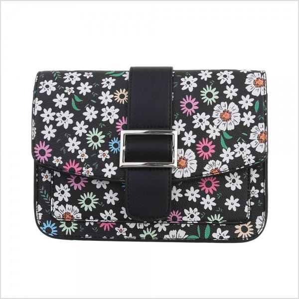 Moteriška rankinė per petį išmarginta gėlytėmis su sagtimi, juoda spalva